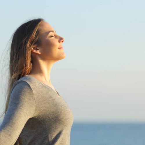 Side view portrait of a relaxed woman breathing fresh air on the beach